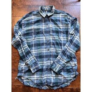 Free People Womens Plaid Shirt Size L Blue Shaped Frayed Hem Pockets Button Up